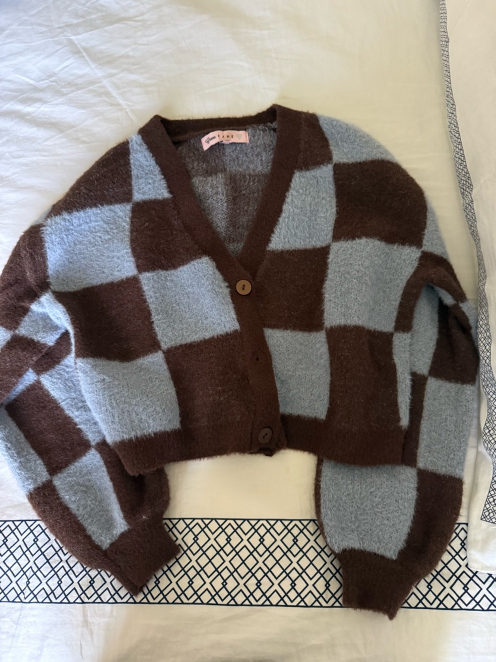 Checkerboard Cropped Cardigan Sweater - Brown & Light Blue